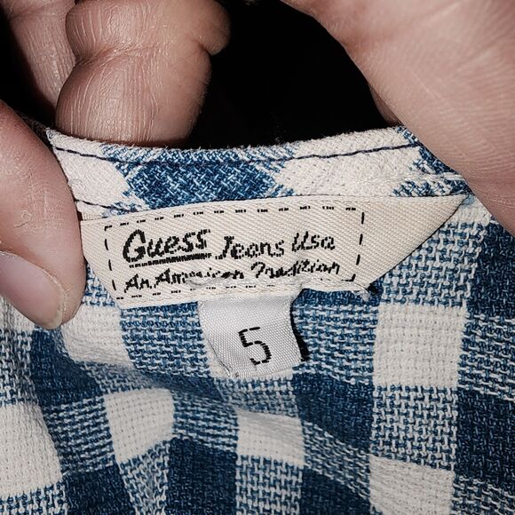 GUESS Sz 5 Vintage Blue White Checkered Snap Front Milkmaid Logo Jumper Dress - Picture 7 of 8
